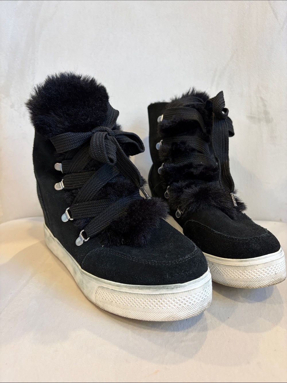 Steve Madden Black Suede Fur-Trim Wedge Sneaker Booties